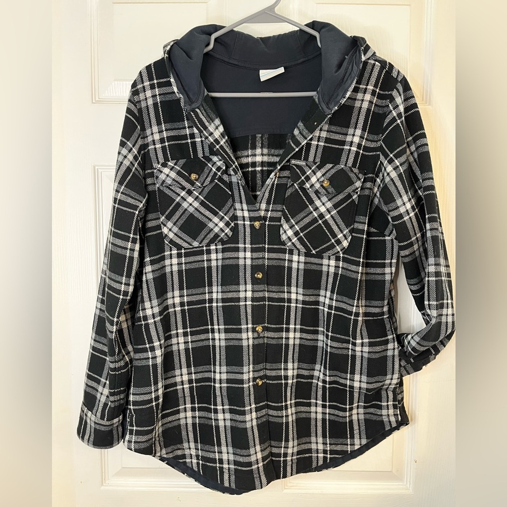 Columbia Shacket Black Plaid Hood Pockets Shirt Jacket Sz Large ~ EUC